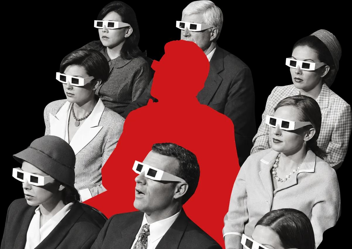 Public de cinéma en lunettes 3D, un spectateur détouré en rouge